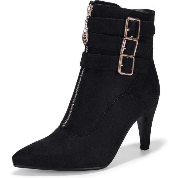 Women's Black Suede Pointed Toe Metal Buckle Two Strap Ankle Boots Side Zipper